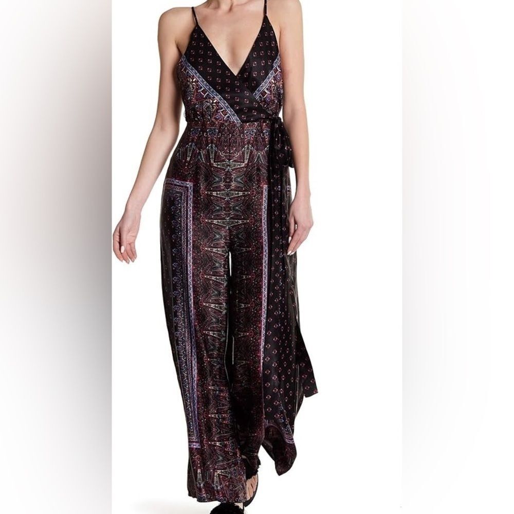 Free People Cabbage Rose Black Combo Bandana Paisley Wide Leg Jumpsuit Size 0